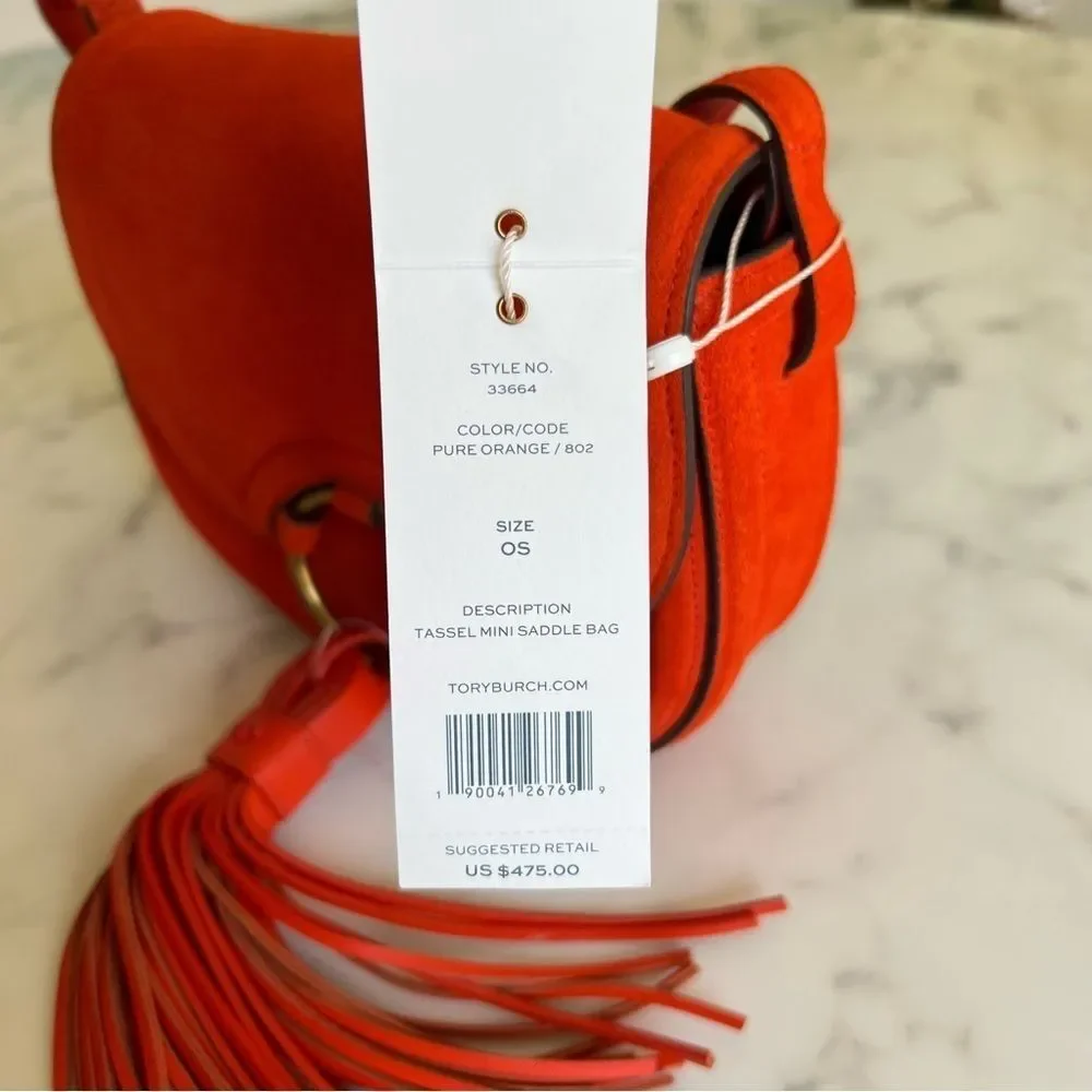 NWT Tory Burch Tassel Mini Saddle Bag Pure Orange Suede Leather Crossbody